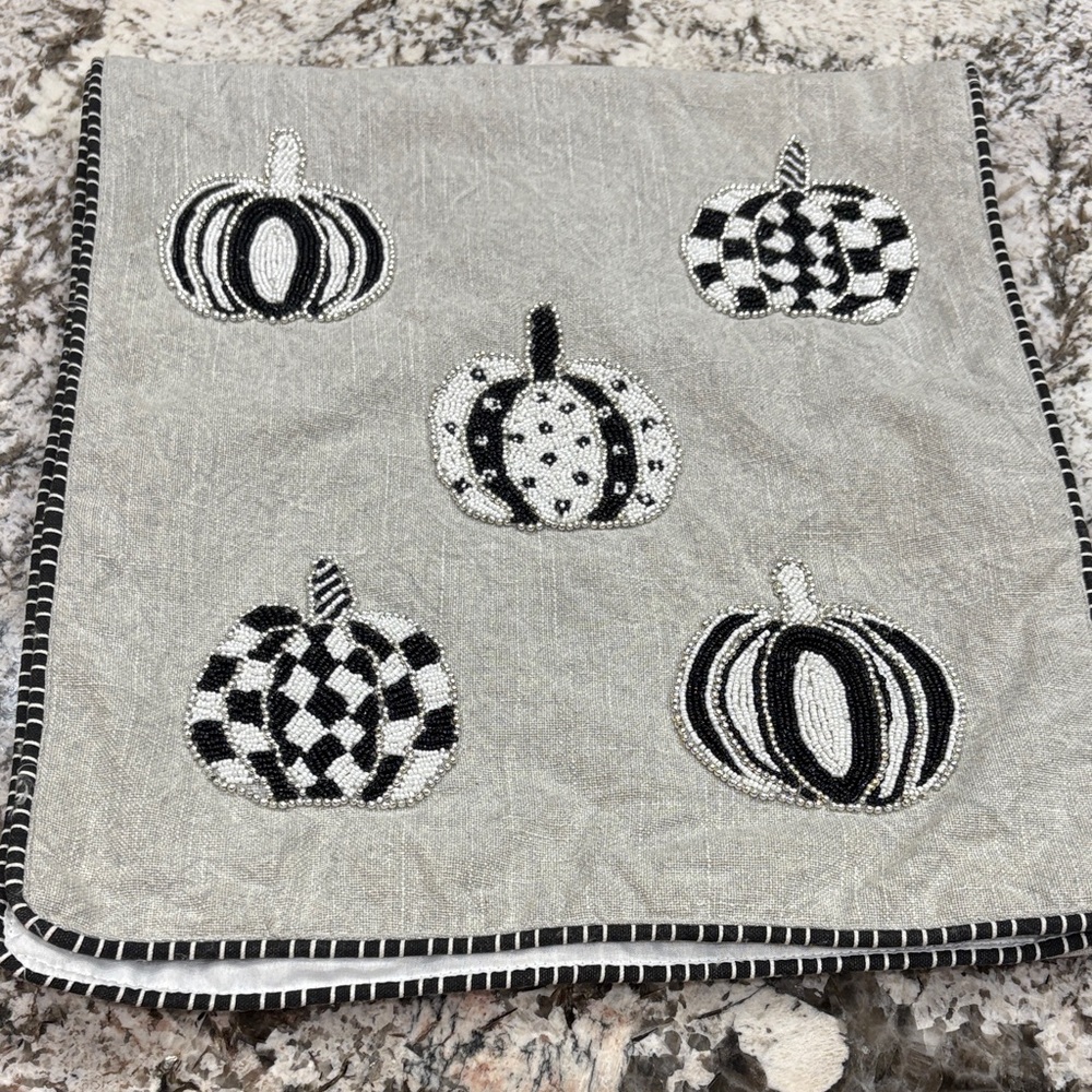 Gray Table Runner with Black and White Embroidered Pumpkins
